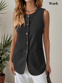 Mina Self 2025 Womens Summer Long Linen Vest Tops Sleeveless Lightweight Single Breasted Trendy Casual Work Jacket Pockets