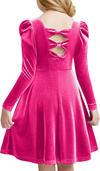 Arshiner Girls Long Sleeve Dress Velvet Crew Neck Bow Back Holiday Party Dresses with Pockets