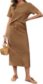 Tankaneo Womens Crochet Cover Up 2 Piece Skirt Sets Short Sleeve Knit Top Midi Skirt Vacation Travel Outfits