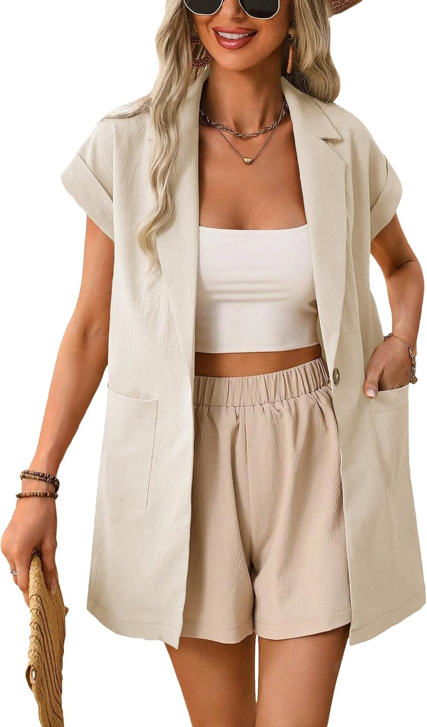 Mina Self 2024 Summer Short Sleeve Blazer Jacket for Women Lightweight Casual Fashion Long Work Office Suit Pockets