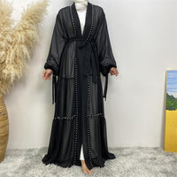 Abayas For Women Muslim Ramadan Long Sleeve Open Front Imitation Pearls Tiered Chiffon Dress Cardigan with Belt Dubai Kaftan