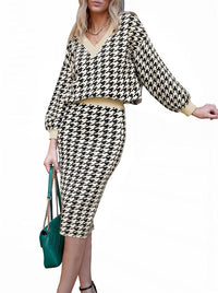 Pink Queen Women's 2 Piece Outfits Set Knit V Neck Batwing Long Sleeve Loose Top Bodycon Midi Skirt Sweater Dresses