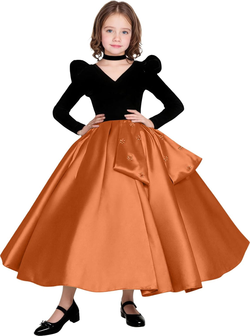Long Sleeve Velvet Flower Girl Dresses A Line Crystal Satin Formal Dresses for Christmas