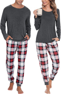 SWOMOG Couples Pajama Sets Women & Men Long Sleeve Sleepwear Top Plaid Pants Loungewear Set with Pockets