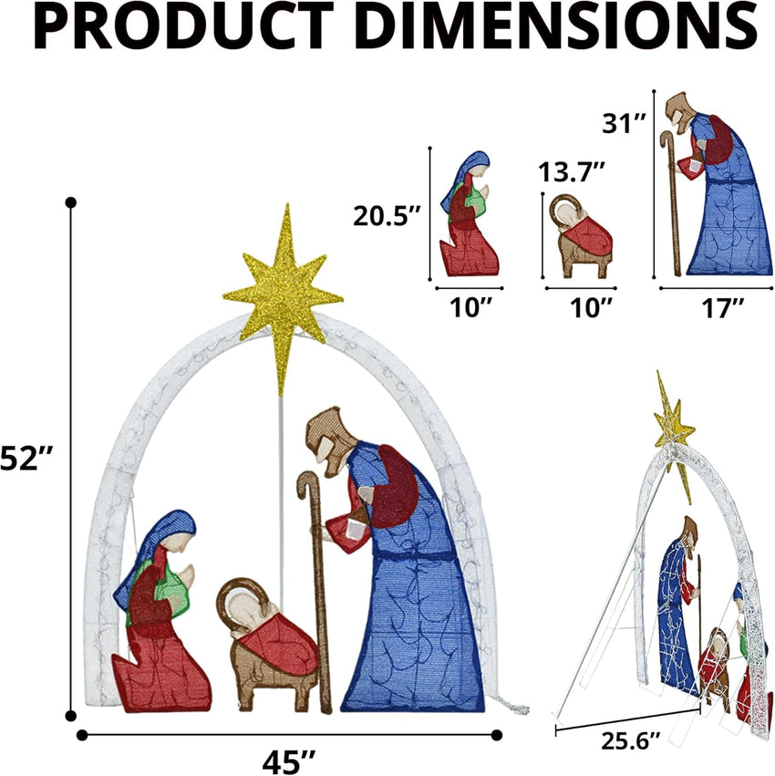 Outdoor Nativity Scene Set Christmas Decorations, 52" H Lighted Arch Holy Family Holiday Yard Decors Set, 115 Warm White LED Lights, Classic Xmas for Lawn, Garden, Easy Assembly