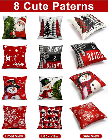 Christmas Decorations Set of 4 Double-Sided Print Christmas Pillow Covers 18" x 18", with 8 Cute Patterns, Throw Pillow Covers Perfect for Home Christmas Decor