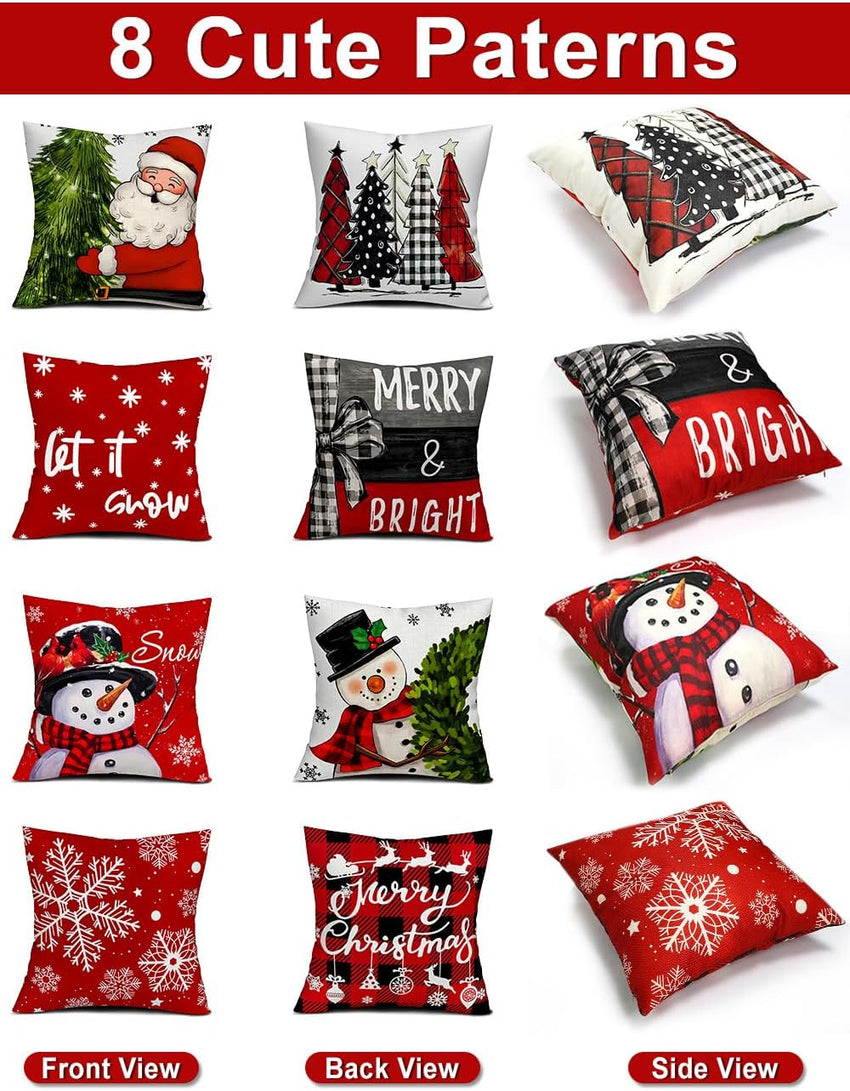 Christmas Decorations Set of 4 Double-Sided Print Christmas Pillow Covers 18" x 18", with 8 Cute Patterns, Throw Pillow Covers Perfect for Home Christmas Decor