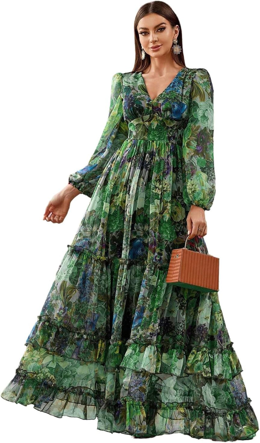 Summer Casual Dresses for Women 2024 Spring Fashion Boho V Neck Long Sleeve Ruffle Floral Print Elegant Maxi Dress