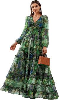 Summer Casual Dresses for Women 2024 Spring Fashion Boho V Neck Long Sleeve Ruffle Floral Print Elegant Maxi Dress