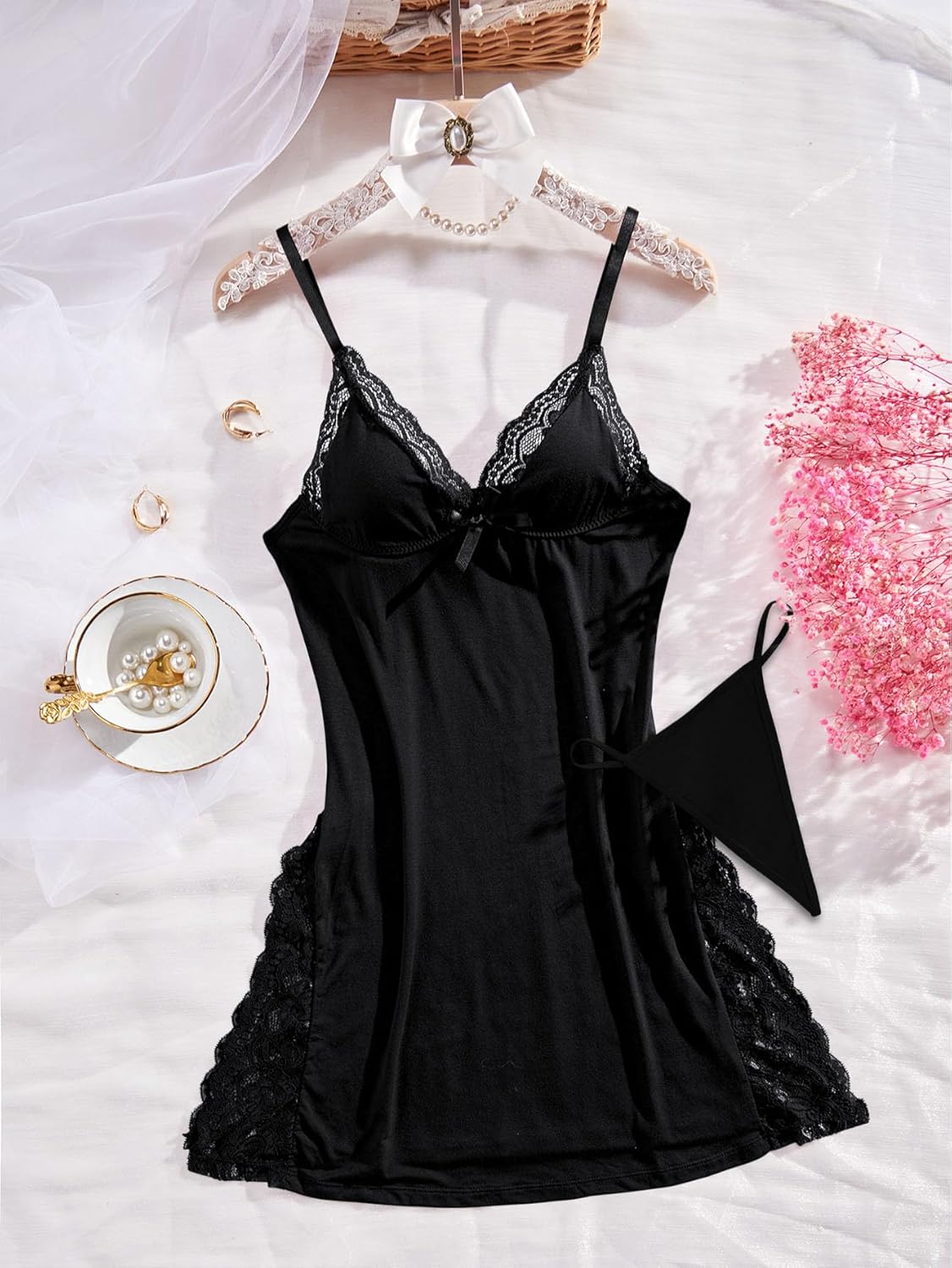 Sexy Split Side Floral Lace Trim Full Slip Night Gown Babydoll Lingerie Dress with Thong 2 piece