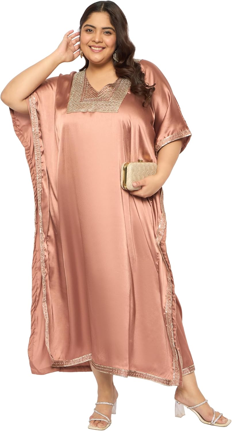 Gypsie Blu Women’s Plus Size Satin Sequin Kaftan Dress with Kimono Sleeves Casual Resort Wear Stylish Loose Fit Evening Dress