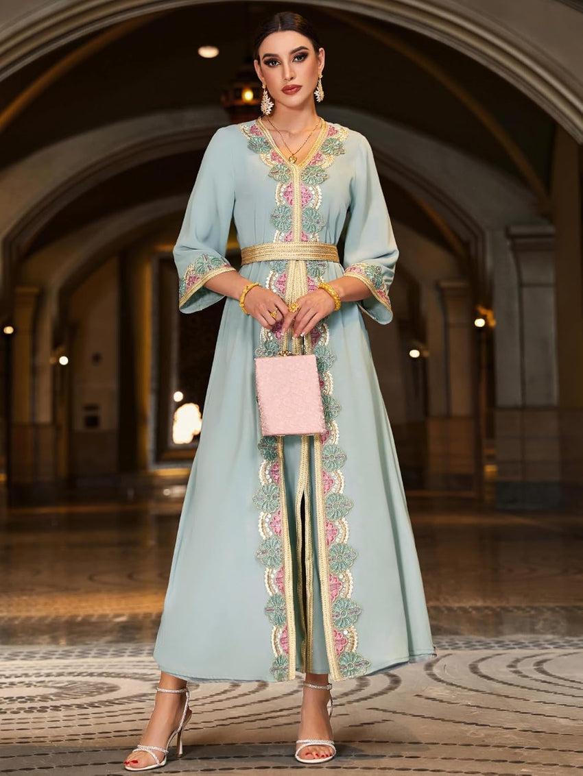 Elegant Floral Embroidered Kaftan Maxi Dress, Handcrafted Abaya 3/4 Sleeve with Gold Trim, V-Neck, Light Blue