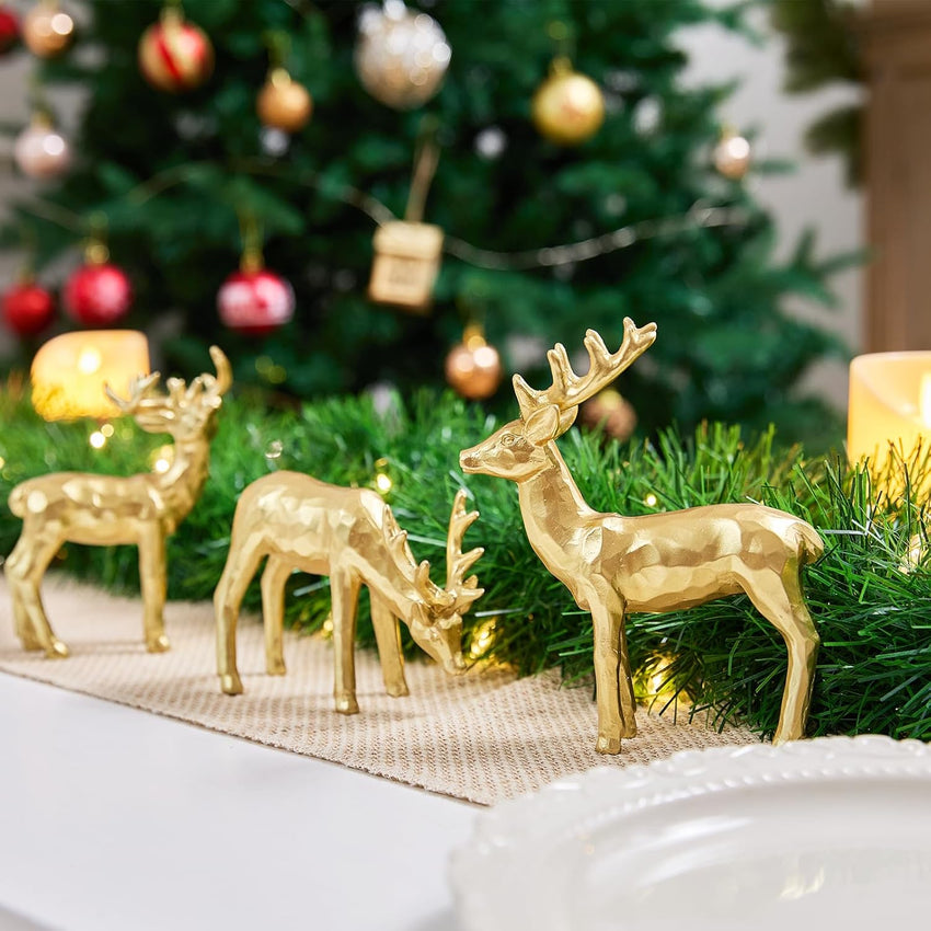 3pcs Resin Reindeer Figurines for Christmas Decor Gold Tabletop Reindeer Statues Small Decorative Deer Figurines for Indoor Christmas Tabletop Mantle Decorations