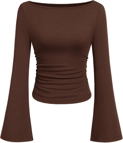 7DAY'S Women's Long Sleeve Shirts 2025 Fall Crop Going Out Tops Casual Boat Neck Bell Sleeve Ribbed Ruched Y2K Clothes