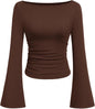 7DAY'S Women's Long Sleeve Shirts 2025 Fall Crop Going Out Tops Casual Boat Neck Bell Sleeve Ribbed Ruched Y2K Clothes