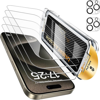UNBREAKcable for iPhone 16 Pro Screen Protector 4+2 Pack [9H+ Military-Grade Shatterproof] [Effortless Bubble-Free Installation] Ultra HD Clarity Tempered Glass with Lens Protector, Case friendly