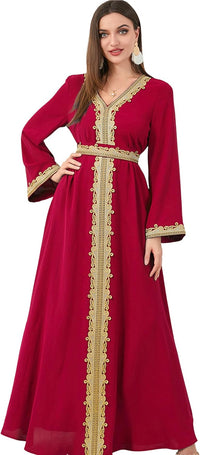 Muslim Kaftan Abaya Moroccan Long Sleeve Dress for Eid Ramadan V Neck Lace Belted Dress Kaftan Dubai Islamic Dress