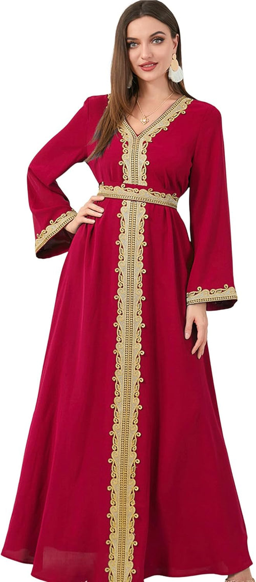 Muslim Kaftan Abaya Moroccan Long Sleeve Dress for Eid Ramadan V Neck Lace Belted Dress Kaftan Dubai Islamic Dress