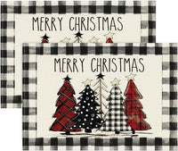 Artoid Mode Waterclor Buffalo Plaid Christmas Trees Placemats Set of 4, 12x18 Inch Winter Table Mats for Outdoor Home Party Kitchen Dining Decor