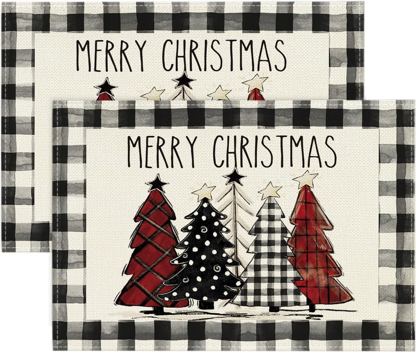 Artoid Mode Waterclor Buffalo Plaid Christmas Trees Placemats Set of 4, 12x18 Inch Winter Table Mats for Outdoor Home Party Kitchen Dining Decor