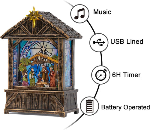 Nativity with Star Musical Lighted Water Creche with Swirling Glitter, Christmas Snow Globe Nativity Manger for Xmas with Music, Holiday Decorations Gifts for Family, Children or Friends
