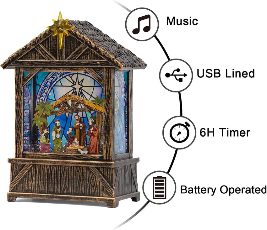 Nativity with Star Musical Lighted Water Creche with Swirling Glitter, Christmas Snow Globe Nativity Manger for Xmas with Music, Holiday Decorations Gifts for Family, Children or Friends