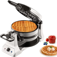 VEVOR Commercial Waffle Maker, 1300W Round Waffle Iron, Non-Stick Rotatable Waffle Baker Machine With 122-572℉ Temp Range and Time Control, Teflon-Coated Baking Pan Stainless Steel Body 120V