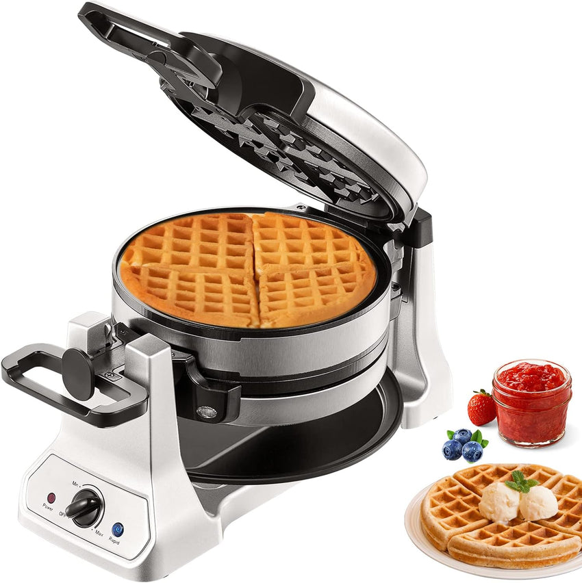 VEVOR Commercial Waffle Maker, 1300W Round Waffle Iron, Non-Stick Rotatable Waffle Baker Machine With 122-572℉ Temp Range and Time Control, Teflon-Coated Baking Pan Stainless Steel Body 120V