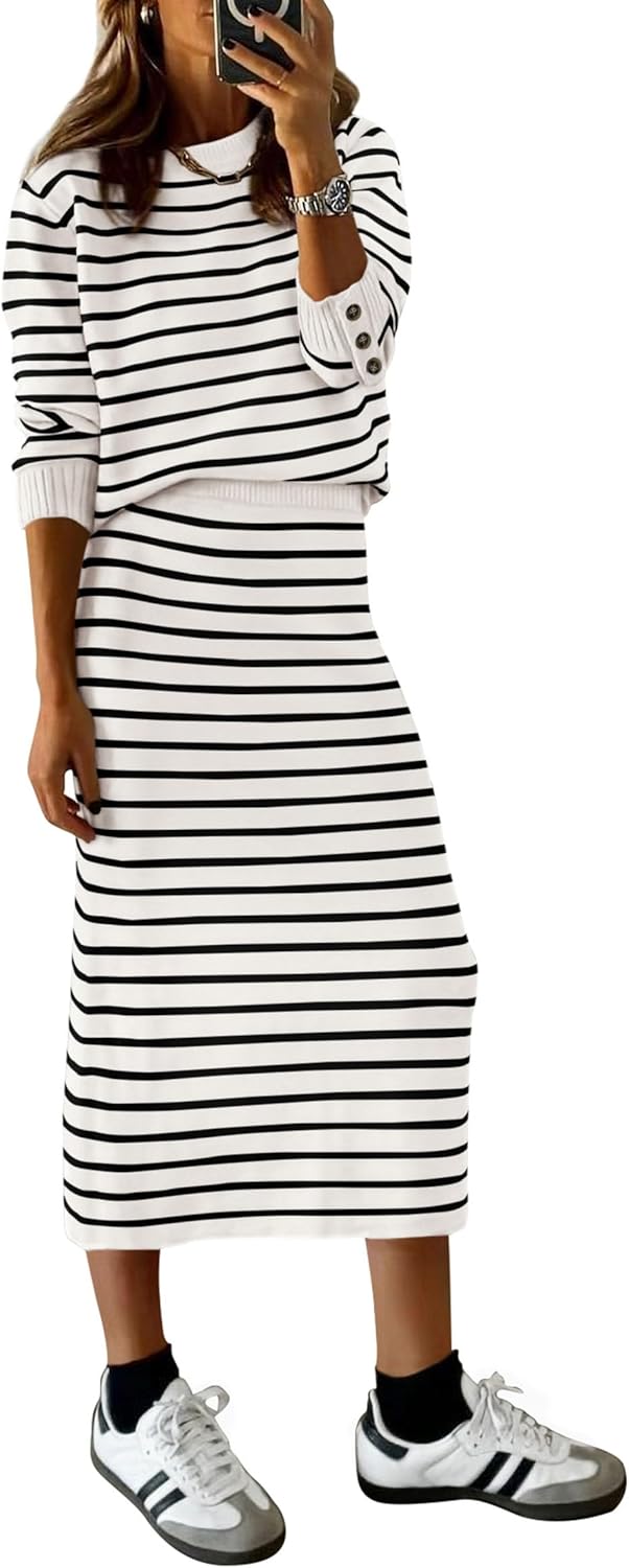 PRETTYGARDEN 2 Piece Skirts Sets For Women Fall Fashion 2025 Striped Sweater Dress Knit Lounge Travel Outfits Winter Clothing