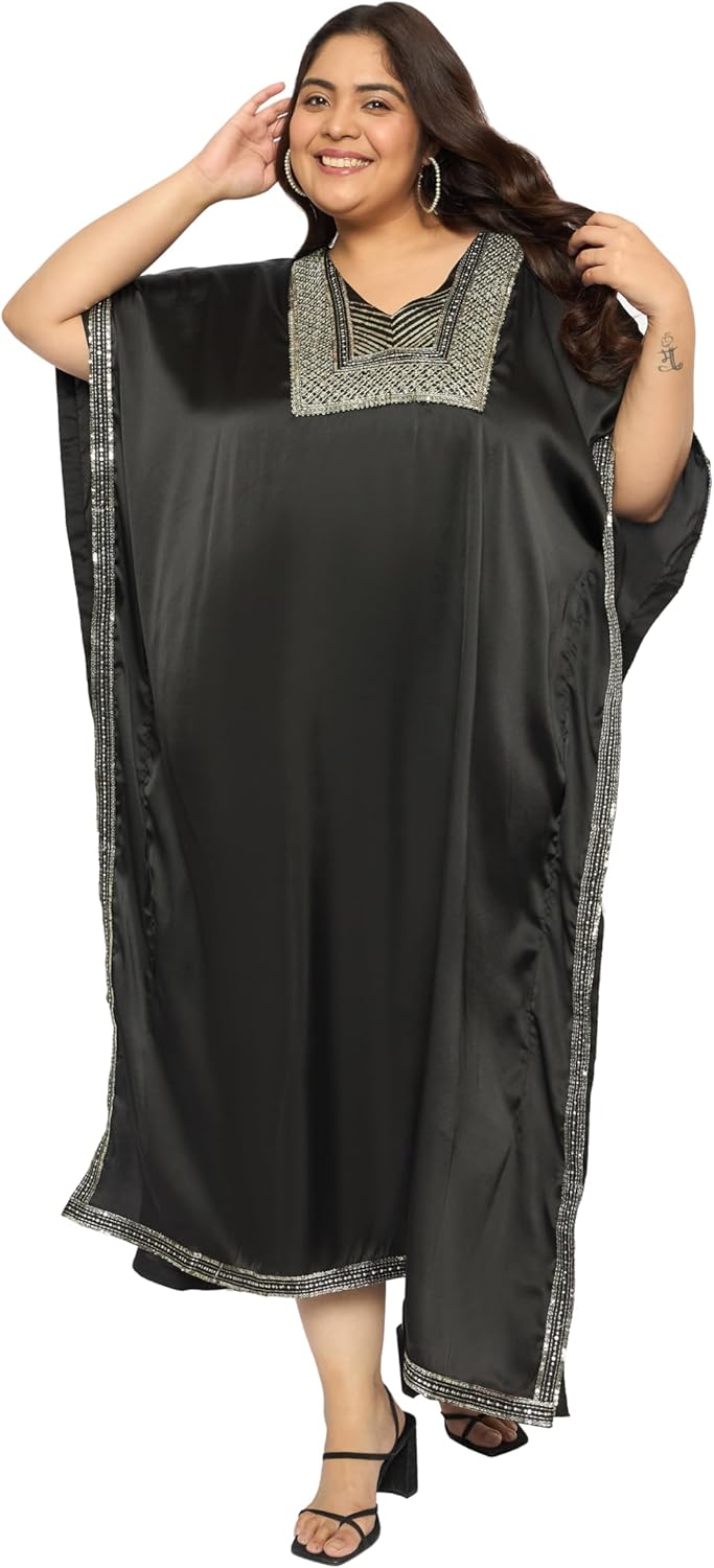 Gypsie Blu Women’s Plus Size Satin Sequin Kaftan Dress with Kimono Sleeves Casual Resort Wear Stylish Loose Fit Evening Dress
