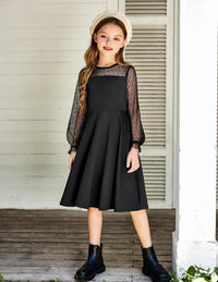 Arshiner Girl's Contrast Mesh Puff Long Sleeve High Waist A Line Short Dress with Pockets for 6-13 Years