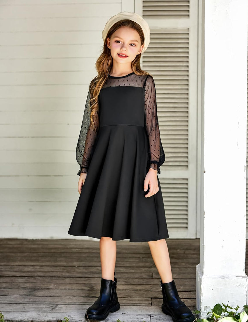 Arshiner Girl's Contrast Mesh Puff Long Sleeve High Waist A Line Short Dress with Pockets for 6-13 Years