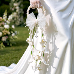 Hotop White Artificial Calla Lily Bridal Bouquet Pearl Handle with Beaded Heart Bow Luxury Handmade Wedding Bouquet for Bride, Bridesmaid, Photo Prop & Keepsake Gift
