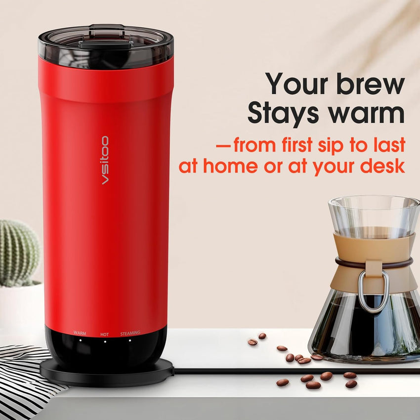 VSITOO S5 heated travel mug,16oz, Auto-Sensing AI Heats Drinks To 120-150°F Hands-Free. Temperature Control for All Cars, Perfect for Home/Office/Travel/Outdoor, Ideal Gift for Coffee Lovers - Red