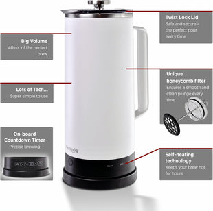 Nextmug Press - Temperature-Controlled, Self-Heating French Press (White - 40 oz.)