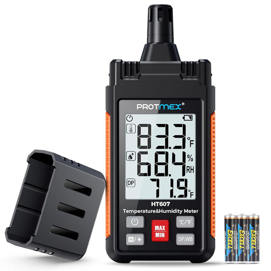 HT607 Temperature Humidity Meter High Precision Digital Hygrometer with Ambient, Relative Humidity, Dew Point, Wet Bulb Thermometer, Min/Max Hold, LCD Backlight with Cover Protector