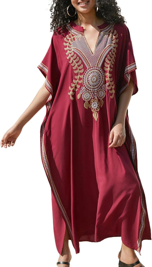 Women Embroidery Loose Kaftan Casual Beach Bathing Suit Cover Up Long Caftans Maxi Dress