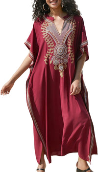 Women Embroidery Loose Kaftan Casual Beach Bathing Suit Cover Up Long Caftans Maxi Dress