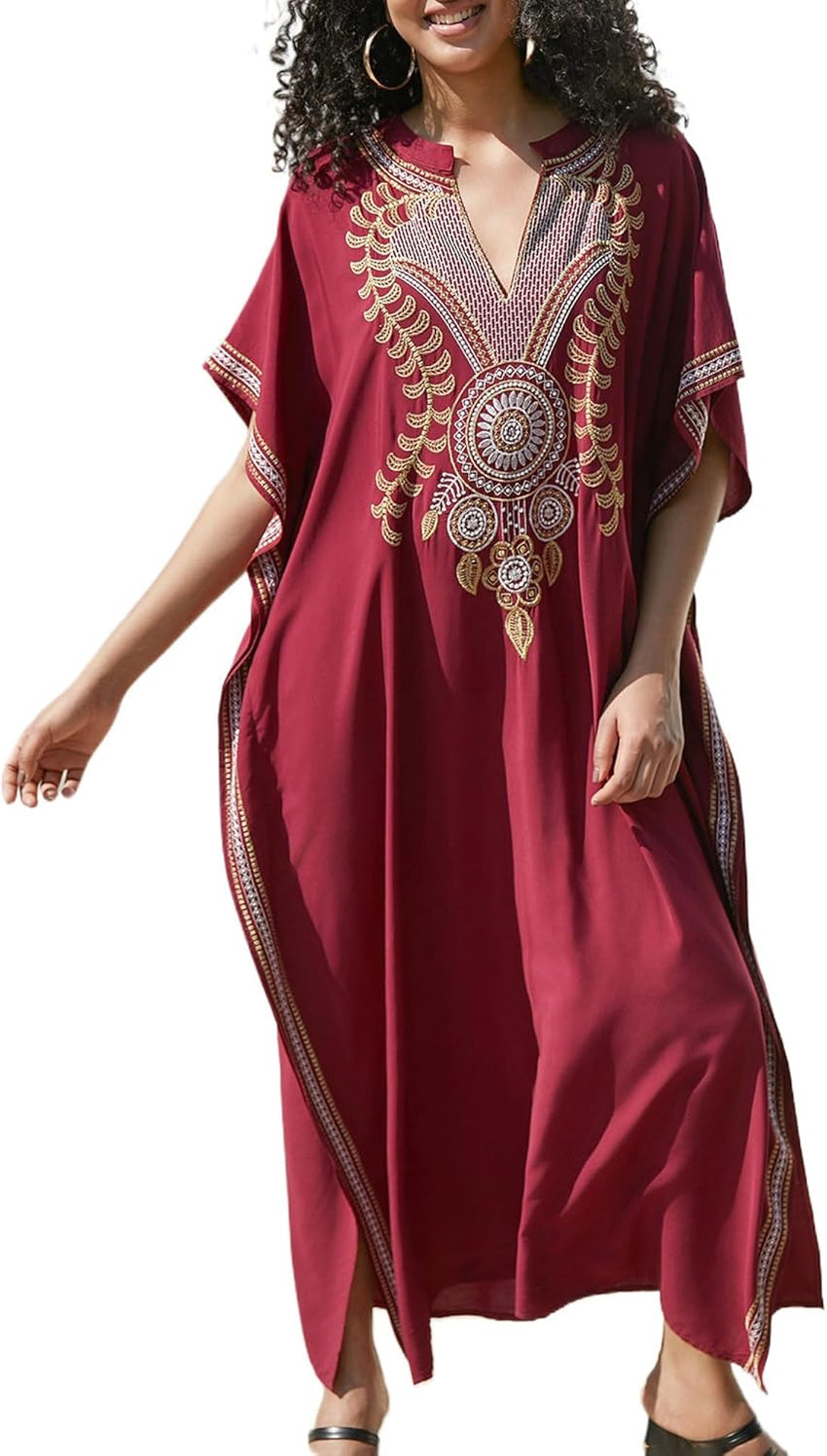 Women Embroidery Loose Kaftan Casual Beach Bathing Suit Cover Up Long Caftans Maxi Dress