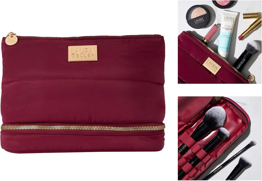 LAURA GELLER NEW YORK Quilted Makeup Bag with Brush Case, Burgundy - Toiletry Bag Organizer for Travel - Large Capacity Full Size Makeup Bag - Easy to Clean