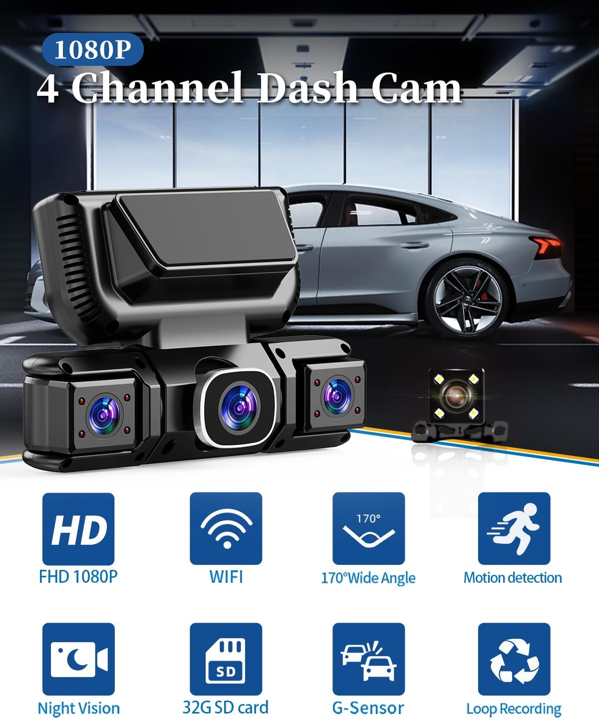 7DAY'S Uber Camera 360 View 4 Channel Dash Cam Front Rear and Inside with 5GHz WiFi & App Control, 170 Wide Angle Uber Camera for Car, Loop Recording, Night Vision, G-Sensor, Parking Mode, Included 32GB Card