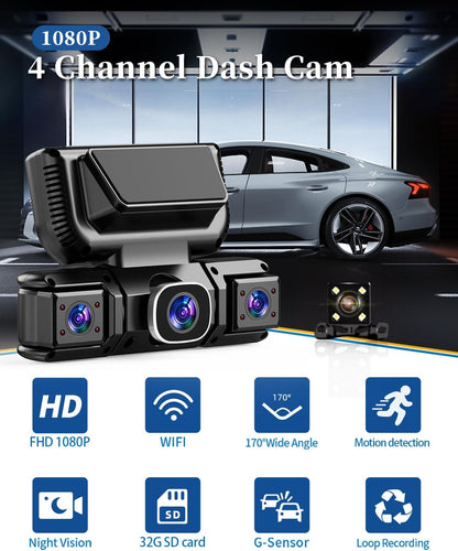 7DAY'S Uber Camera 360 View 4 Channel Dash Cam Front Rear and Inside with 5GHz WiFi & App Control, 170 Wide Angle Uber Camera for Car, Loop Recording, Night Vision, G-Sensor, Parking Mode, Included 32GB Card