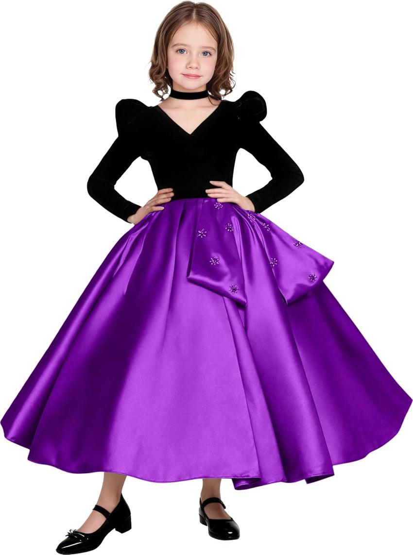 Long Sleeve Velvet Flower Girl Dresses A Line Crystal Satin Formal Dresses for Christmas