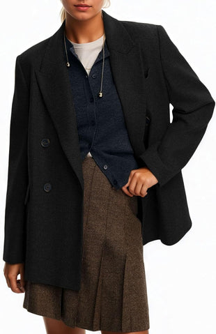 Mina Self 2025 Fall Women's Oversized Wool Blazer Coat Double-Breasted Herringbone Suit Jackets Casual Outerwear with Pocket