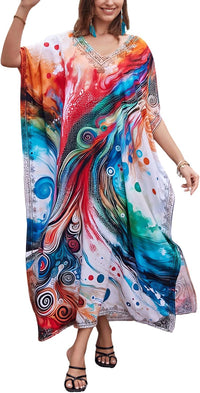 Women's Plus Size Loose Fit Moroccan Print V-Neck Batwing Kaftan Beach Dress Bathing Suit Cover Up