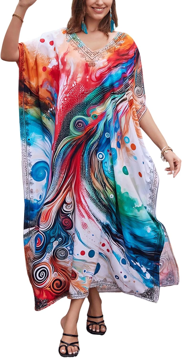 Women's Plus Size Loose Fit Moroccan Print V-Neck Batwing Kaftan Beach Dress Bathing Suit Cover Up
