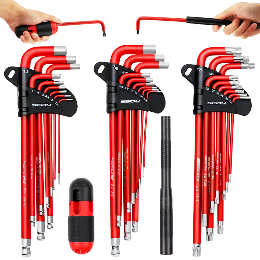 SEDY 32-Piece Hex Key Wrench Set, Metric and SAE Allen Wrenches (0.028-3/8 inch, 0.7-10 mm) L Shape Allen Keys, Chrome Vanadium Steelwith 2x Extension Handle