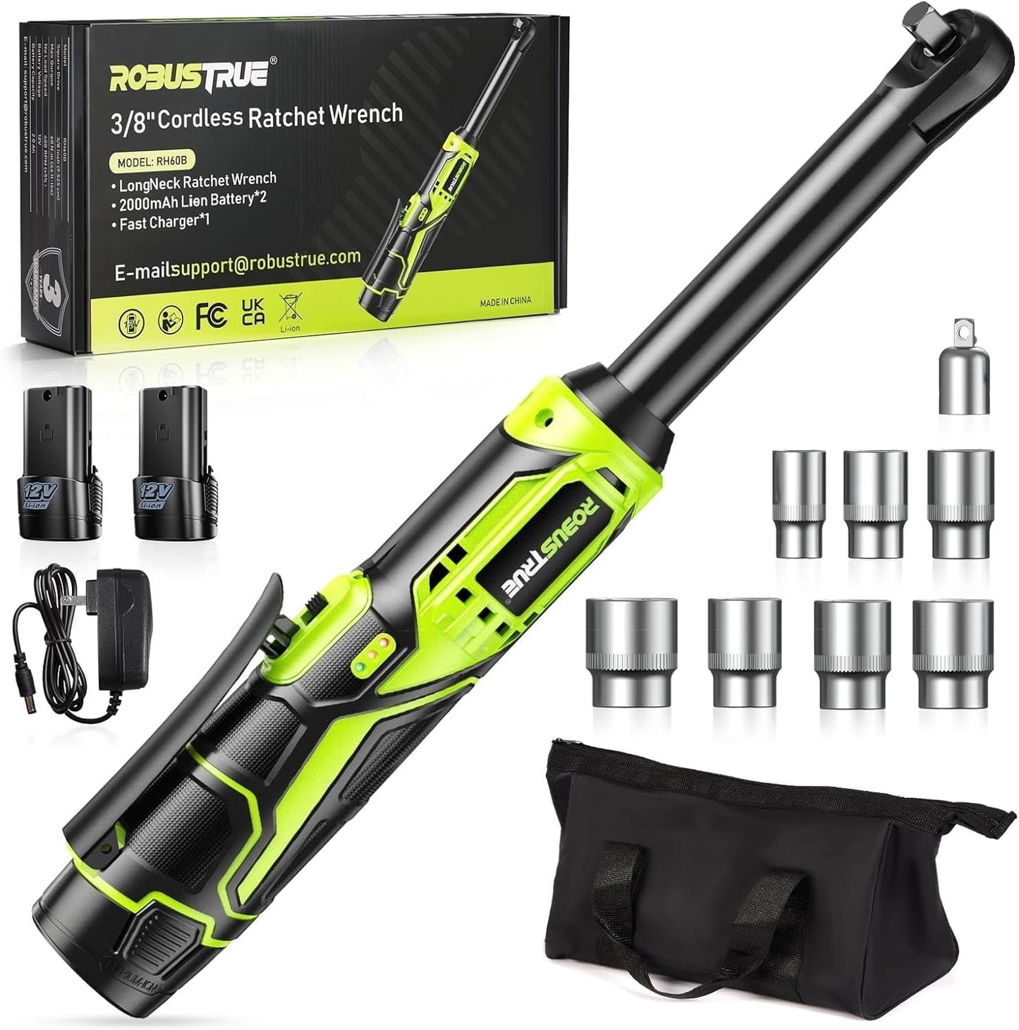 3/8" Cordless Ratchet Wrench, 6-inch Extended Ratchet Wrench, 40Ft-lbs 400RPM Cordless Ratchet, 2 Batteries Power Electric Ratchet Driver with Variable Speed, 7 Sockets, LED Light