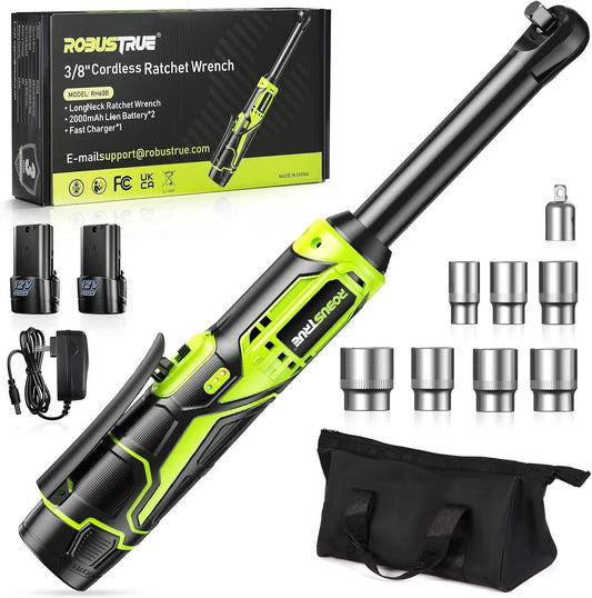3/8" Cordless Ratchet Wrench, 6-inch Extended Ratchet Wrench, 40Ft-lbs 400RPM Cordless Ratchet, 2 Batteries Power Electric Ratchet Driver with Variable Speed, 7 Sockets, LED Light