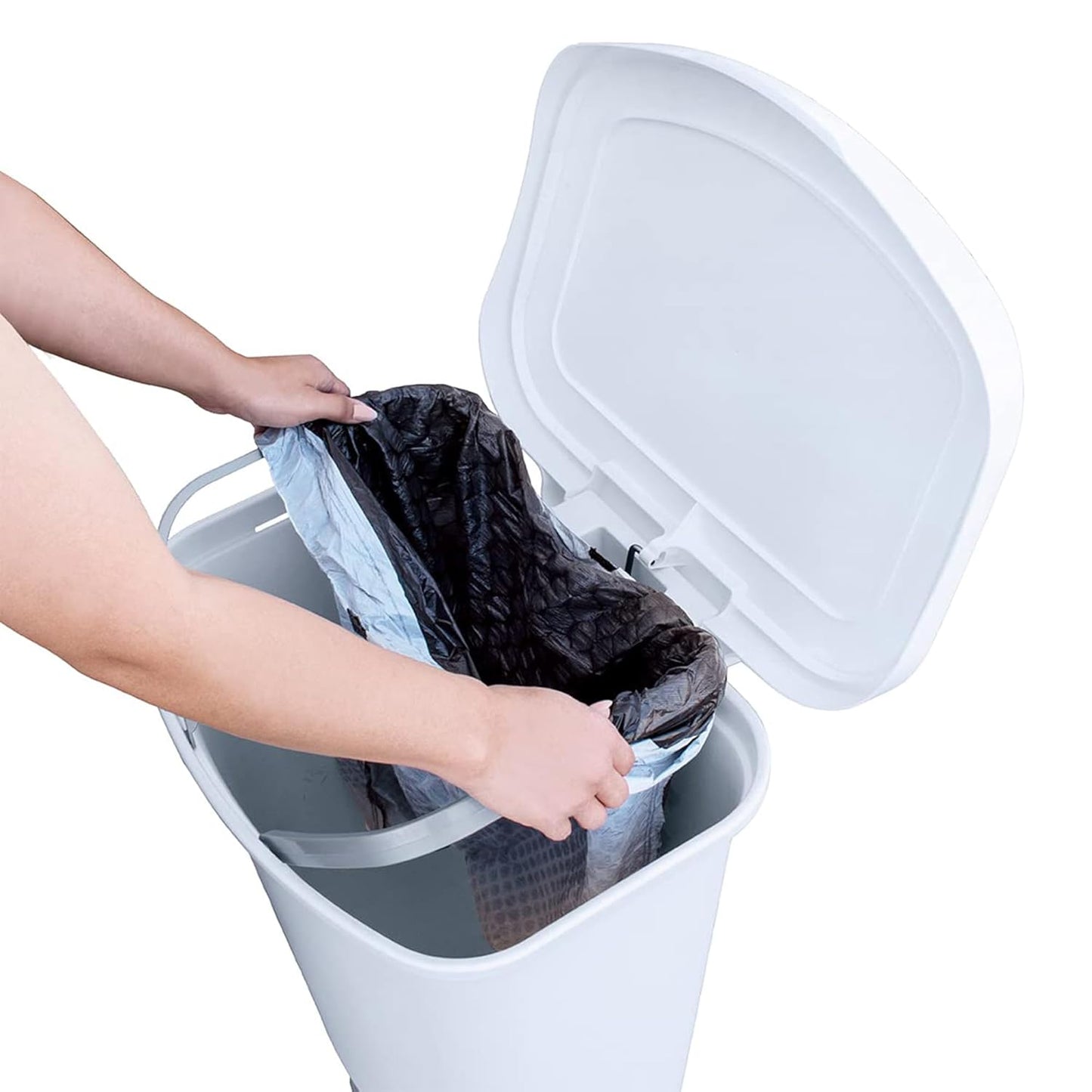 Glad 2 Pack 13 Gal Trash Can | Plastic Kitchen Waste Bin with Odor Protection of Lid | Hands Free with Step On Foot Pedal and Garbage Bag Rings, White